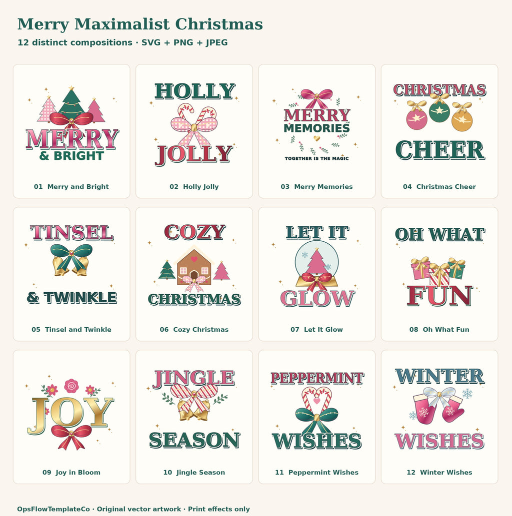 Complete numbered index of all 12 original merry maximalist christmas designs.