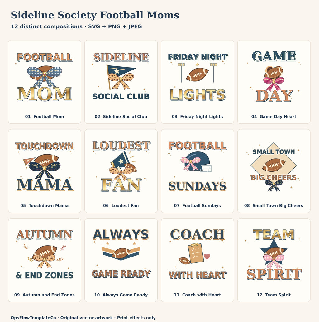 Complete numbered index of all 12 original sideline society football moms designs.