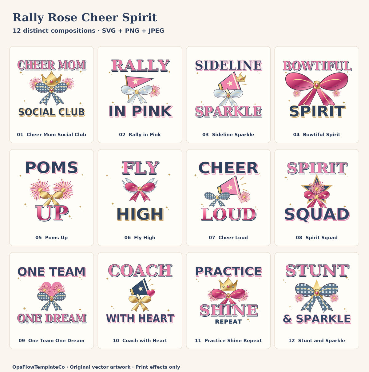 Complete numbered index of all 12 original rally rose cheer spirit designs.