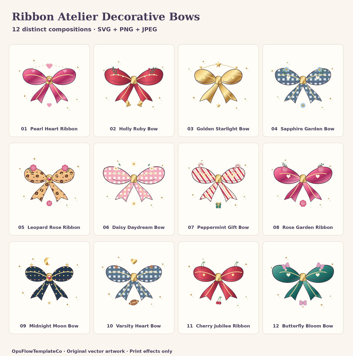 Complete numbered index of all 12 original ribbon atelier decorative bows designs.