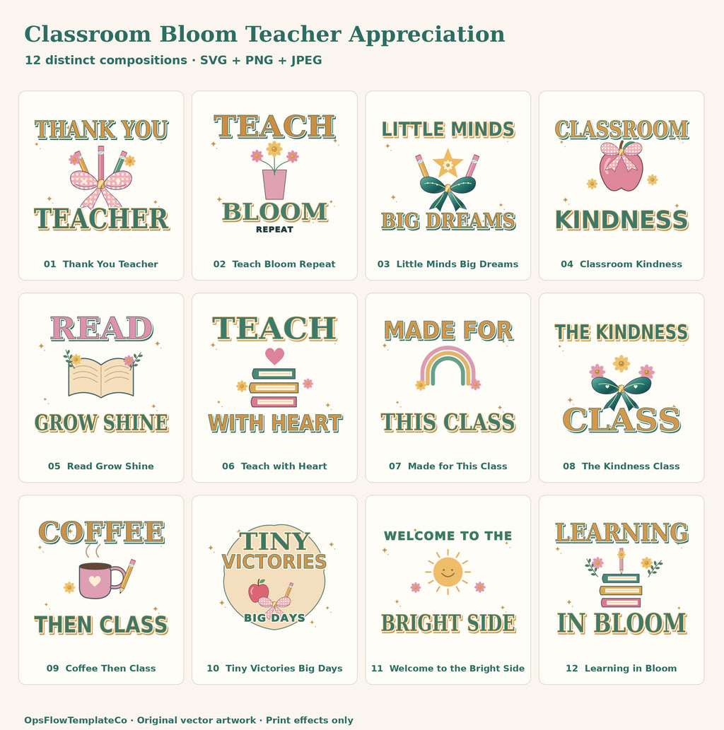 Complete numbered index of all 12 original classroom bloom teacher appreciation designs.