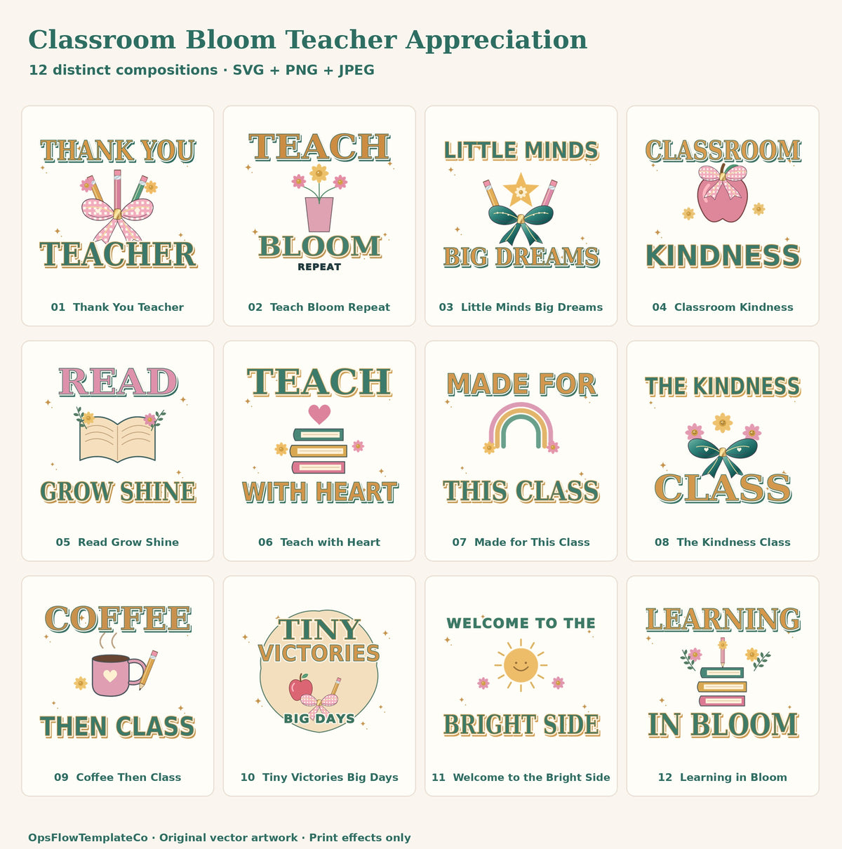 Complete numbered index of all 12 original classroom bloom teacher appreciation designs.