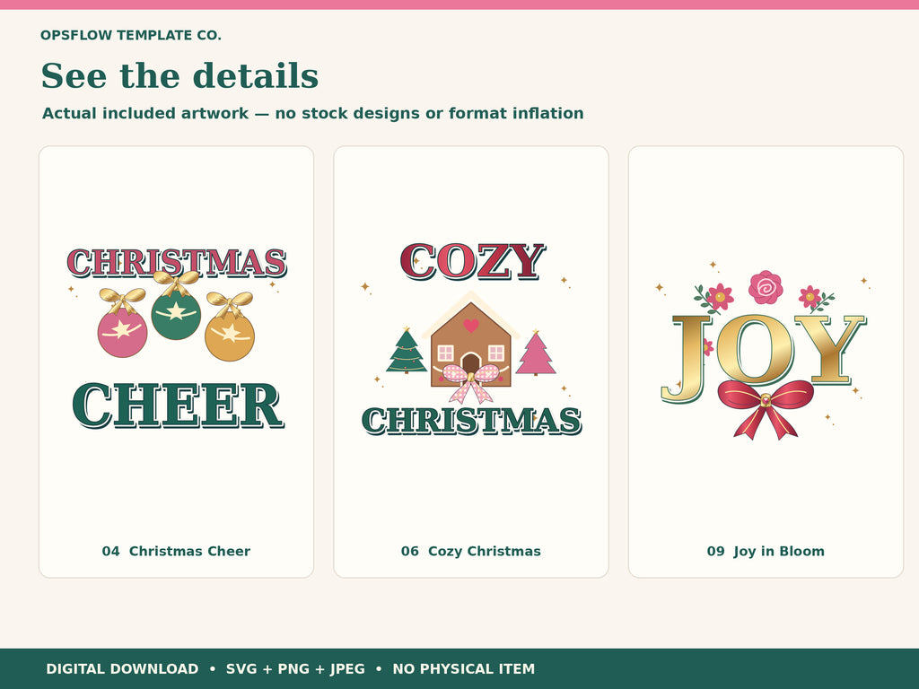 Close view of three additional included merry maximalist christmas compositions.