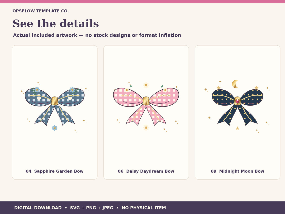 Close view of three additional included ribbon atelier decorative bows compositions.