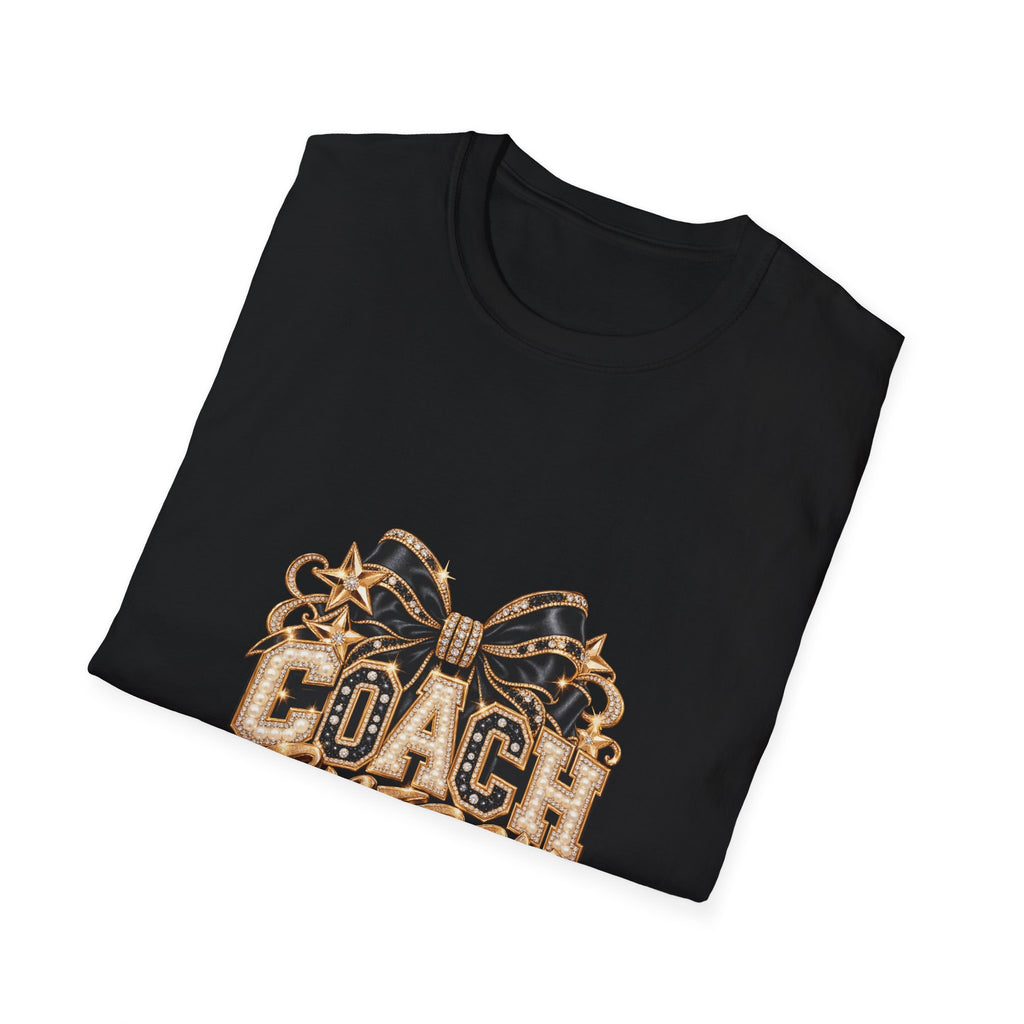Cheer Coach Shirt, Coach Energy Gold Bow Graphic, Unisex Softstyle Tee, Printed Metallic-Look Gift