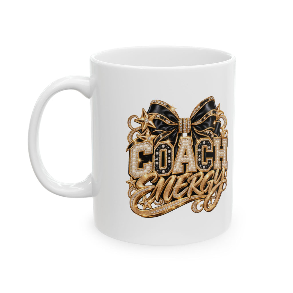 Cheer Coach Mug, Coach Energy Gold Bow Print, 11oz White Ceramic Coffee Cup, Cheerleading Thank You Gift