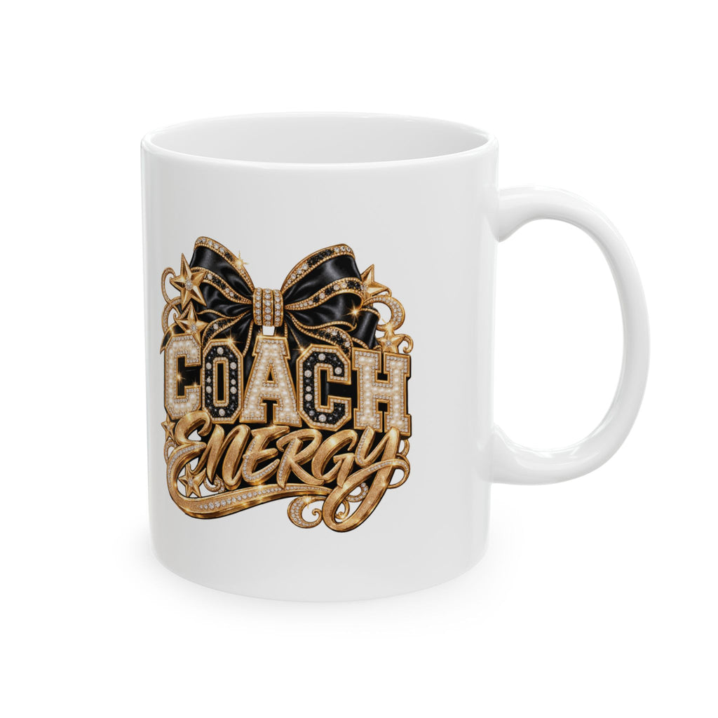 Cheer Coach Mug, Coach Energy Gold Bow Print, 11oz White Ceramic Coffee Cup, Cheerleading Thank You Gift