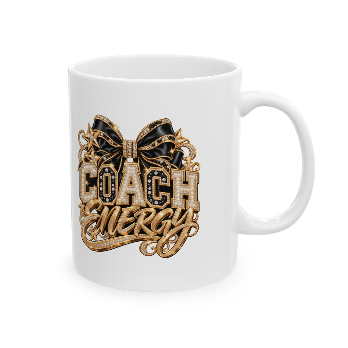Cheer Coach Mug, Coach Energy Gold Bow Print, 11oz White Ceramic Coffee Cup, Cheerleading Thank You Gift