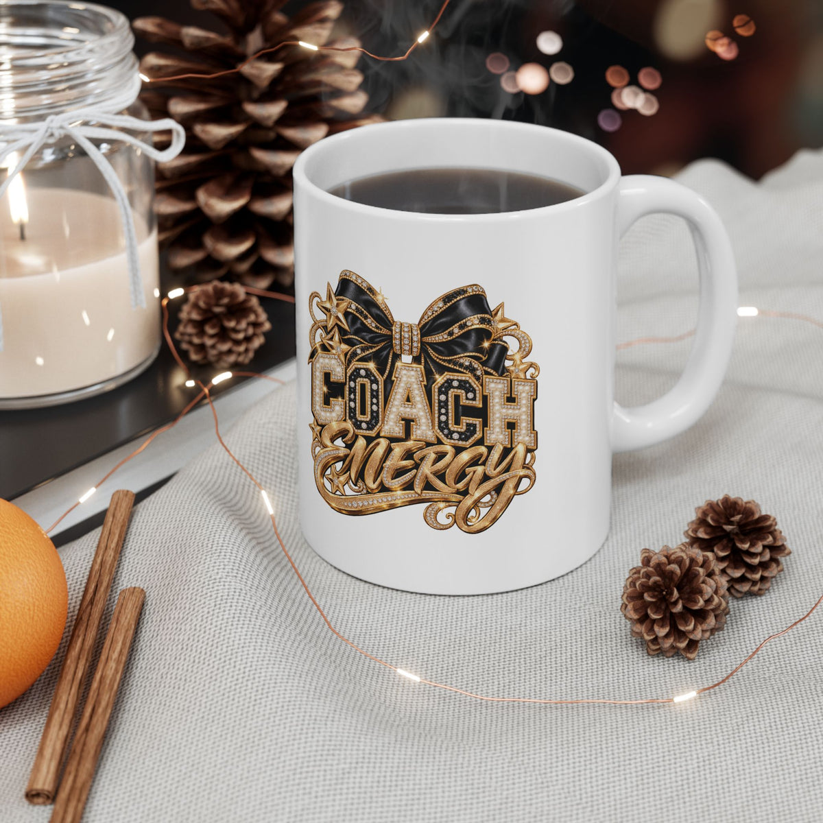 Cheer Coach Mug, Coach Energy Gold Bow Print, 11oz White Ceramic Coffee Cup, Cheerleading Thank You Gift