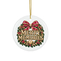 Merry Memories Christmas Ornament, Pink Bow Wreath, Round Ceramic Decoration