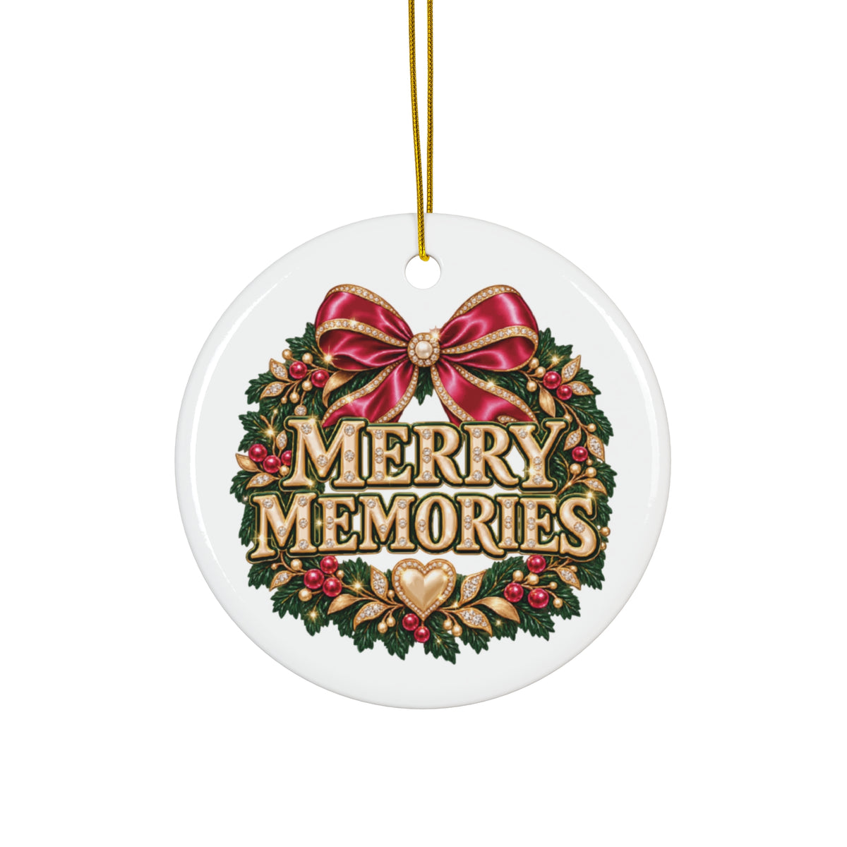 Merry Memories Christmas Ornament, Pink Bow Wreath, Round Ceramic Decoration