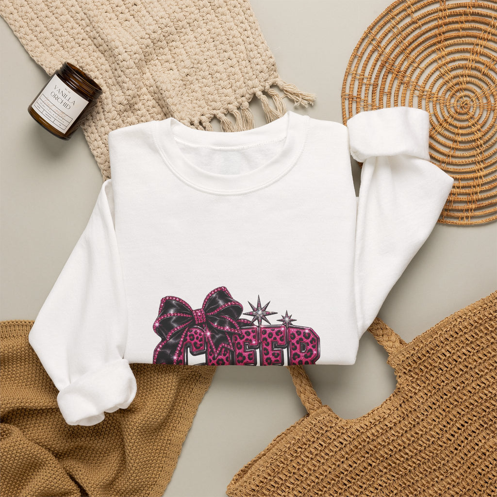 Cheer Mom Sweatshirt, Pink Bow Crystal-Effect Print, Gildan 18000 Unisex Crewneck, Cheerleading Gift