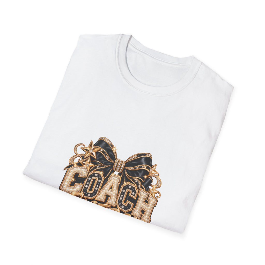 Cheer Coach Shirt, Coach Energy Gold Bow Graphic, Unisex Softstyle Tee, Printed Metallic-Look Gift