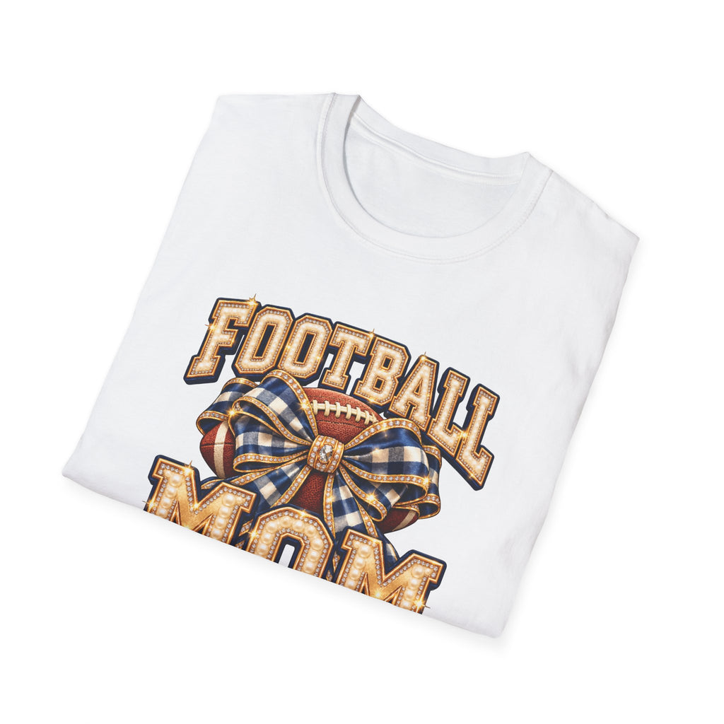 Football Mom Shirt, Navy Gingham Bow and Pearl-Effect Print, Unisex Tee