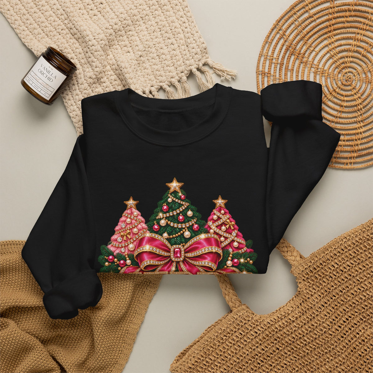 Christmas Sweatshirt: Merry & Bright Pink Bow and Trees, Unisex Crewneck