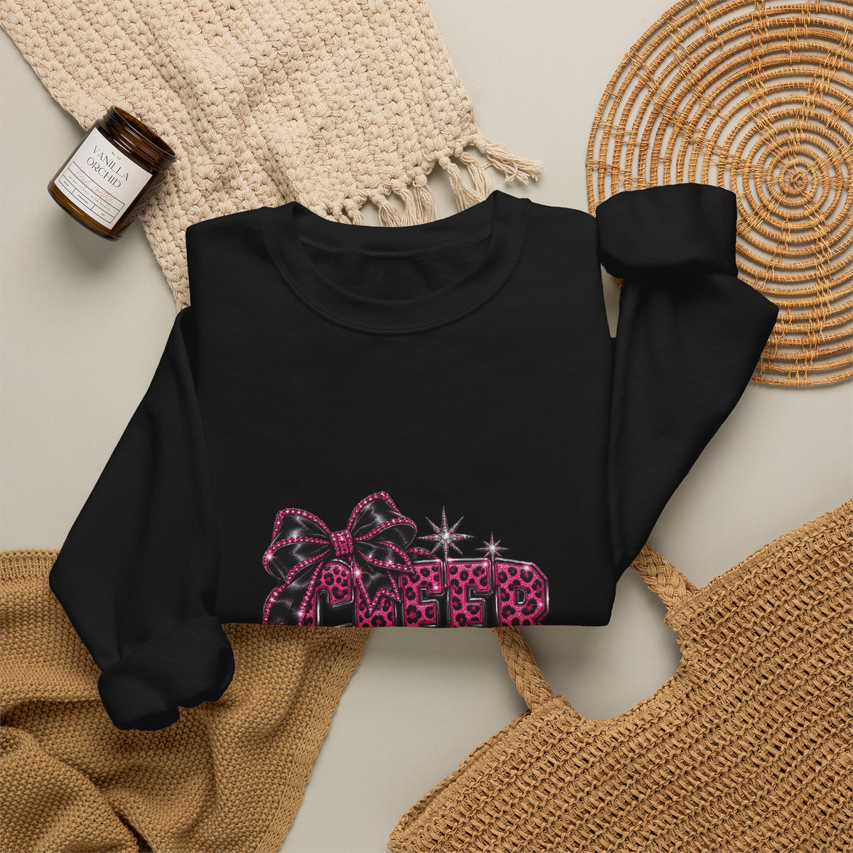 Cheer Mom Sweatshirt, Pink Bow Crystal-Effect Print, Gildan 18000 Unisex Crewneck, Cheerleading Gift
