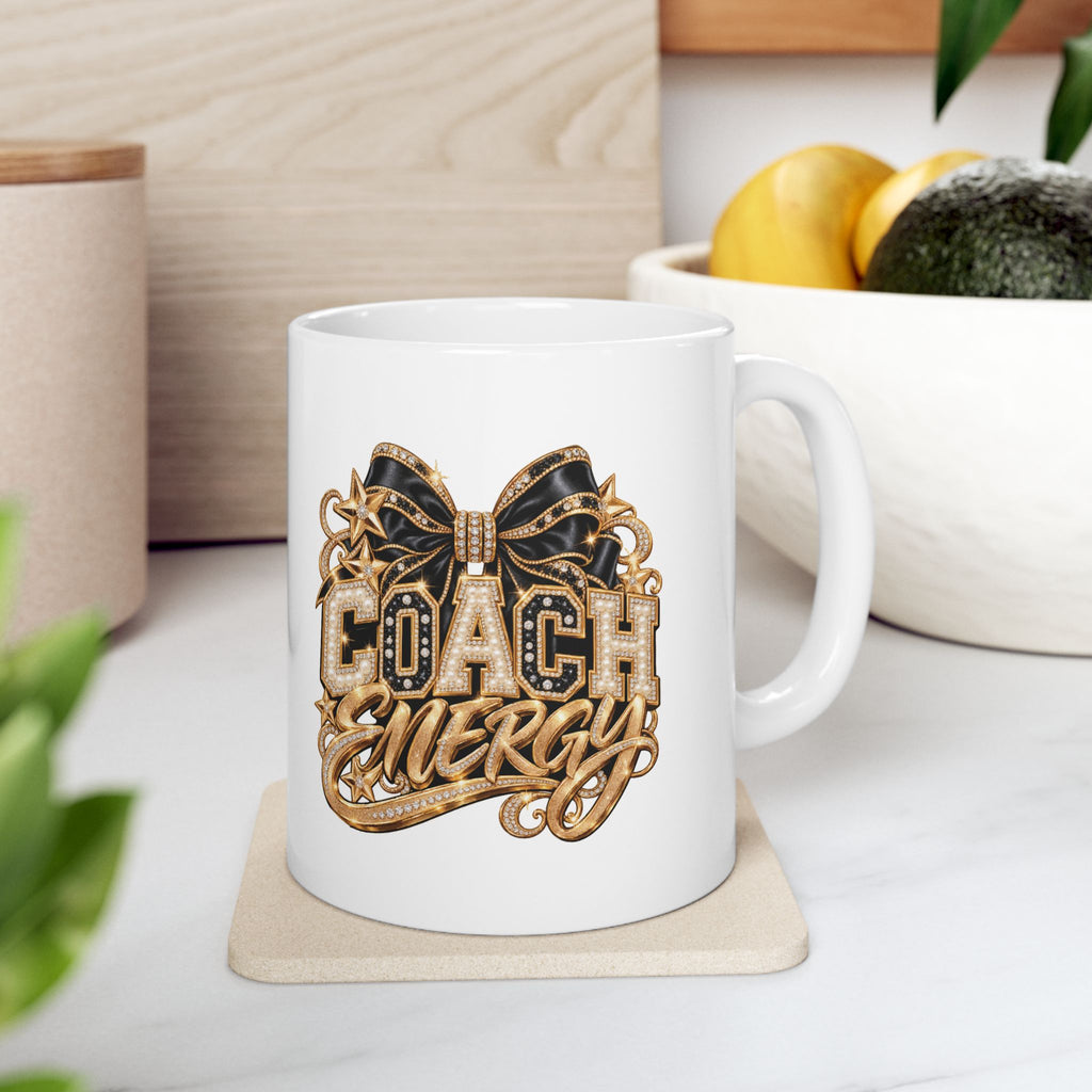 Cheer Coach Mug, Coach Energy Gold Bow Print, 11oz White Ceramic Coffee Cup, Cheerleading Thank You Gift