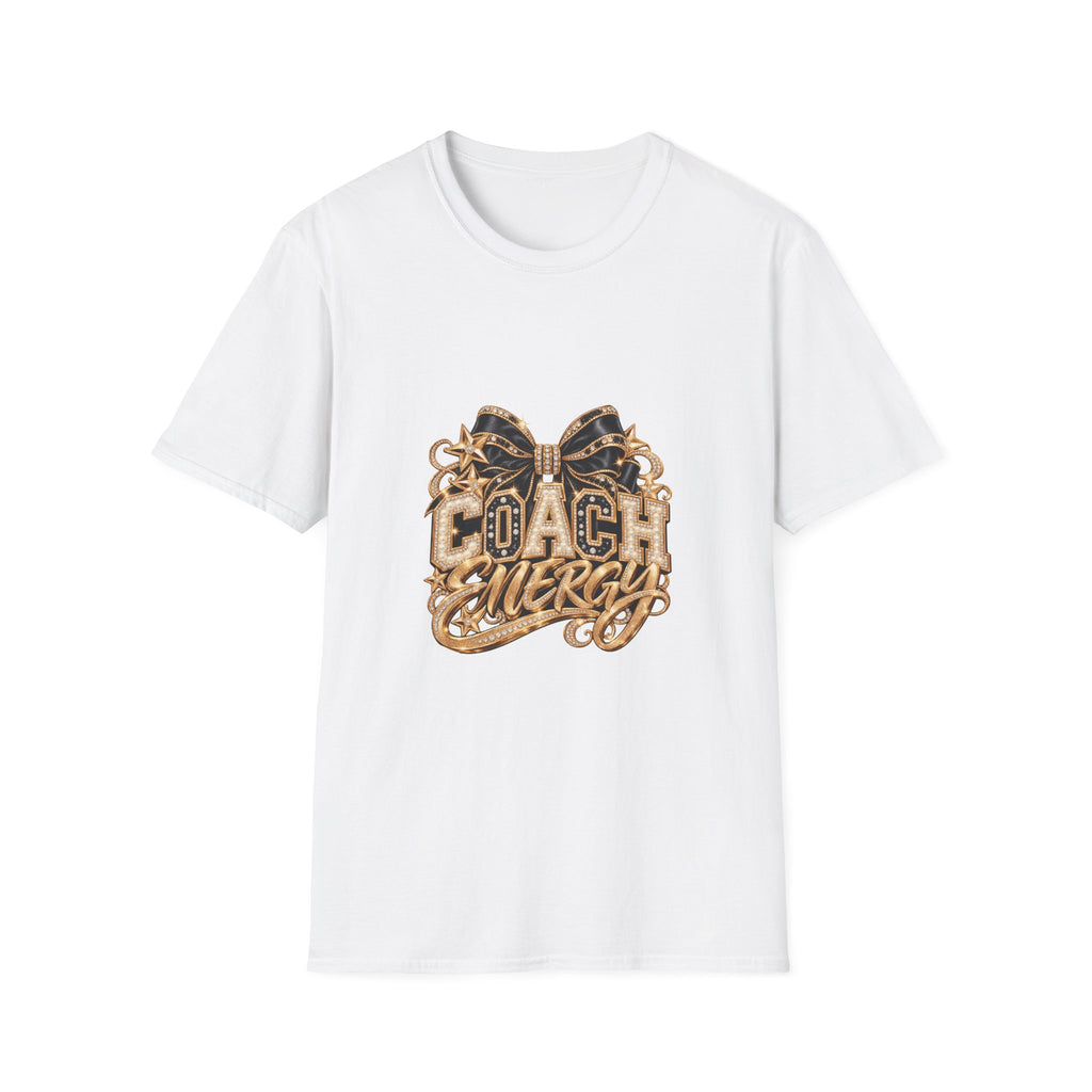 Cheer Coach Shirt, Coach Energy Gold Bow Graphic, Unisex Softstyle Tee, Printed Metallic-Look Gift