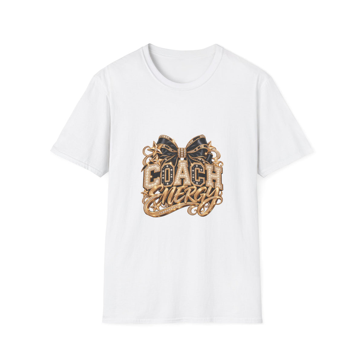 Cheer Coach Shirt, Coach Energy Gold Bow Graphic, Unisex Softstyle Tee, Printed Metallic-Look Gift