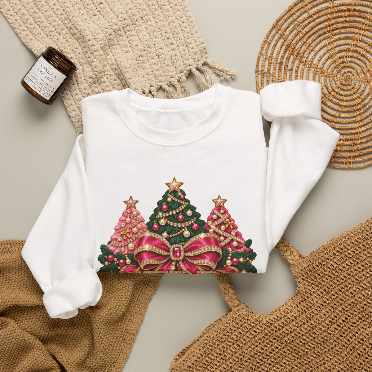 Christmas Sweatshirt: Merry & Bright Pink Bow and Trees, Unisex Crewneck