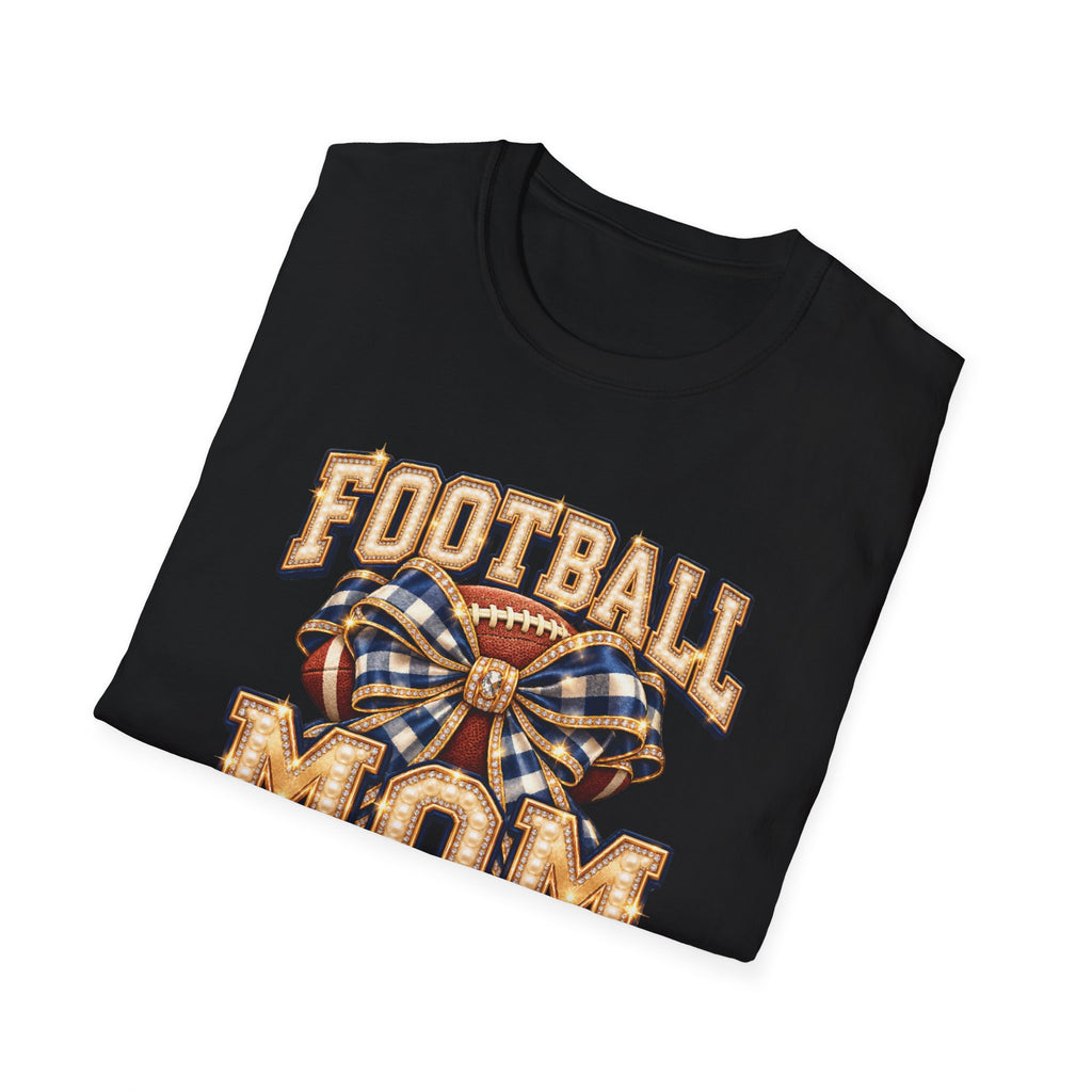 Football Mom Shirt, Navy Gingham Bow and Pearl-Effect Print, Unisex Tee
