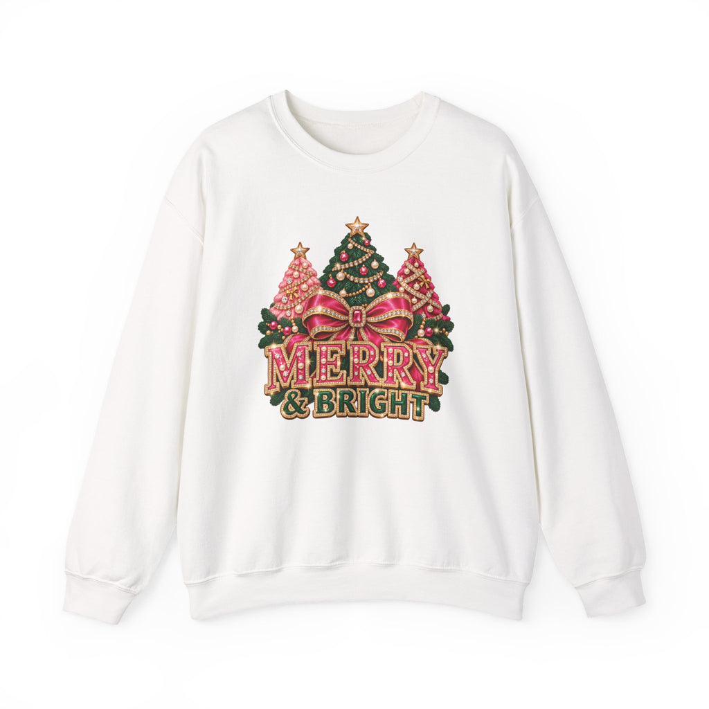 Christmas Sweatshirt: Merry & Bright Pink Bow and Trees, Unisex Crewneck