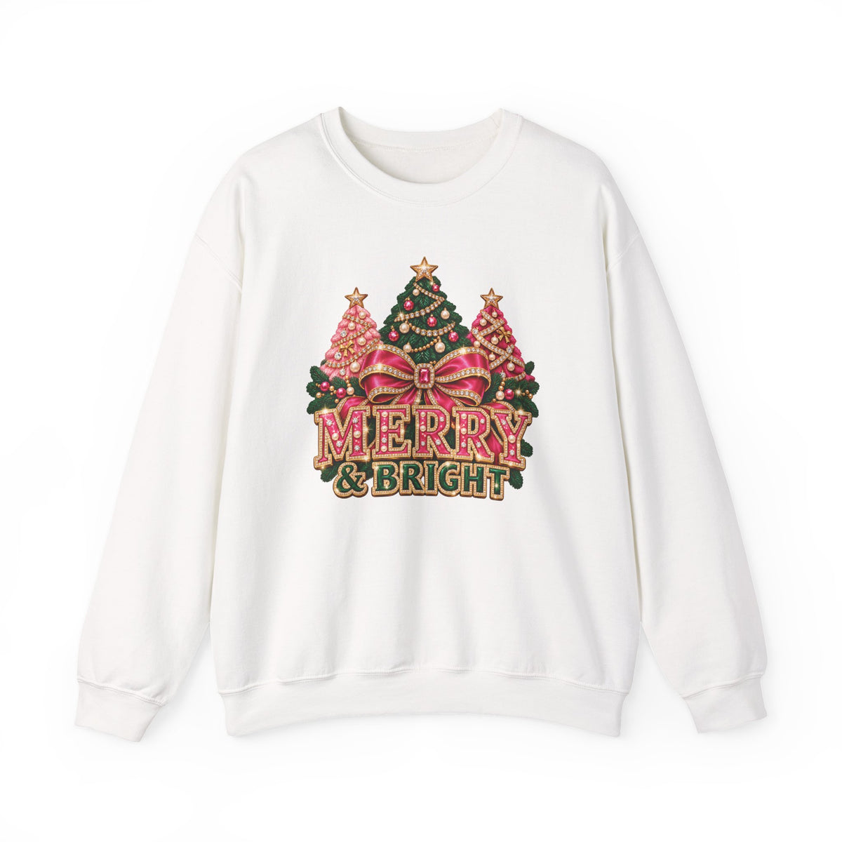 Christmas Sweatshirt: Merry & Bright Pink Bow and Trees, Unisex Crewneck