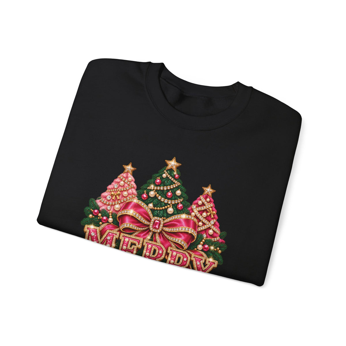 Christmas Sweatshirt: Merry & Bright Pink Bow and Trees, Unisex Crewneck