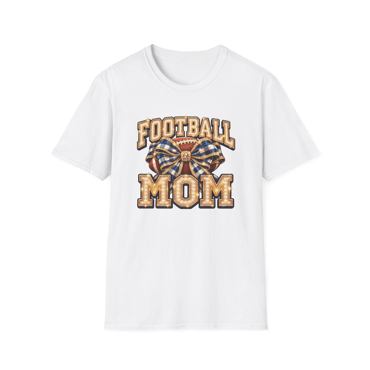 Football Mom Shirt, Navy Gingham Bow and Pearl-Effect Print, Unisex Tee