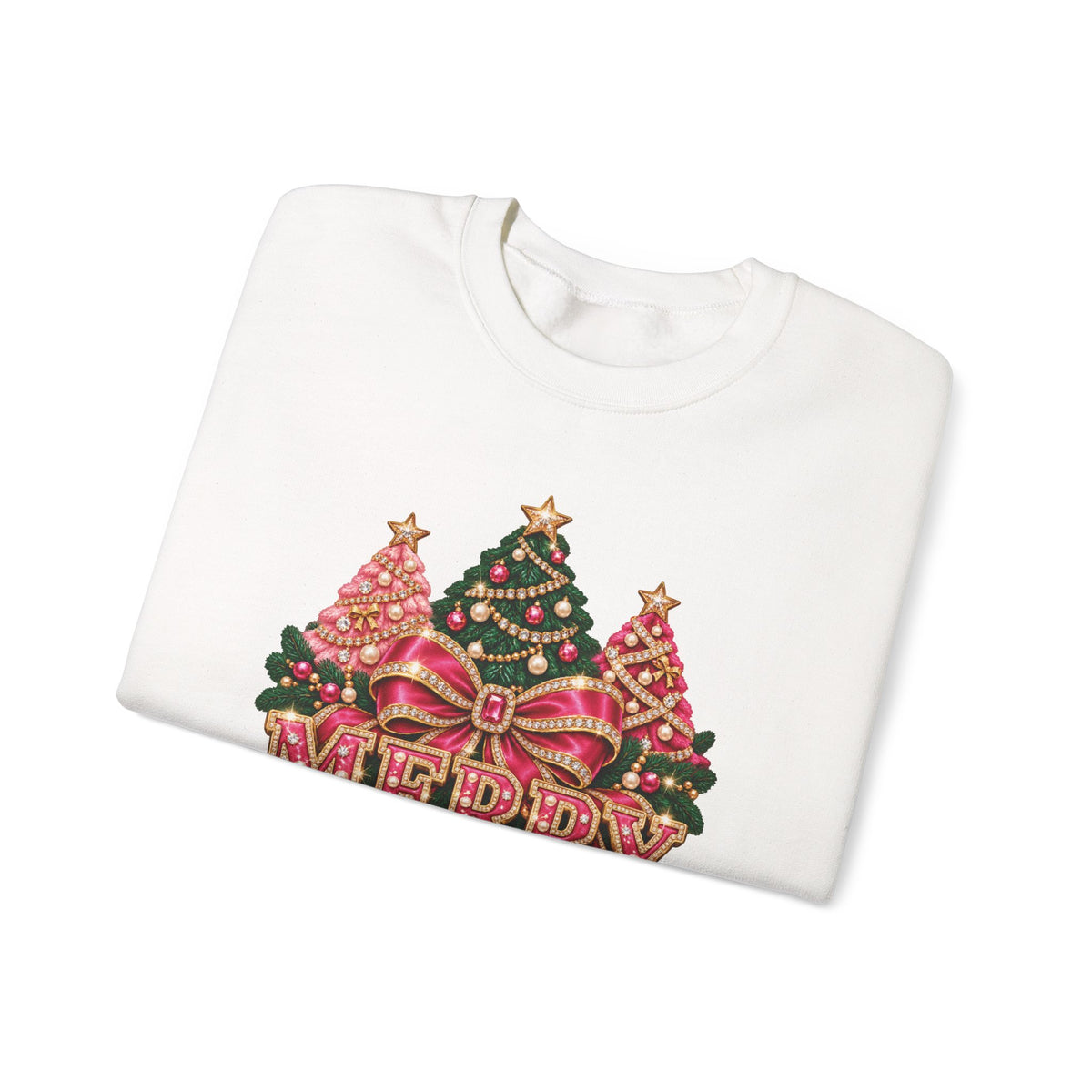 Christmas Sweatshirt: Merry & Bright Pink Bow and Trees, Unisex Crewneck