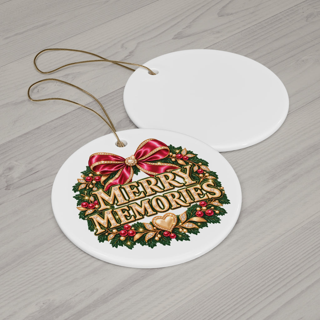 Merry Memories Christmas Ornament, Pink Bow Wreath, Round Ceramic Decoration