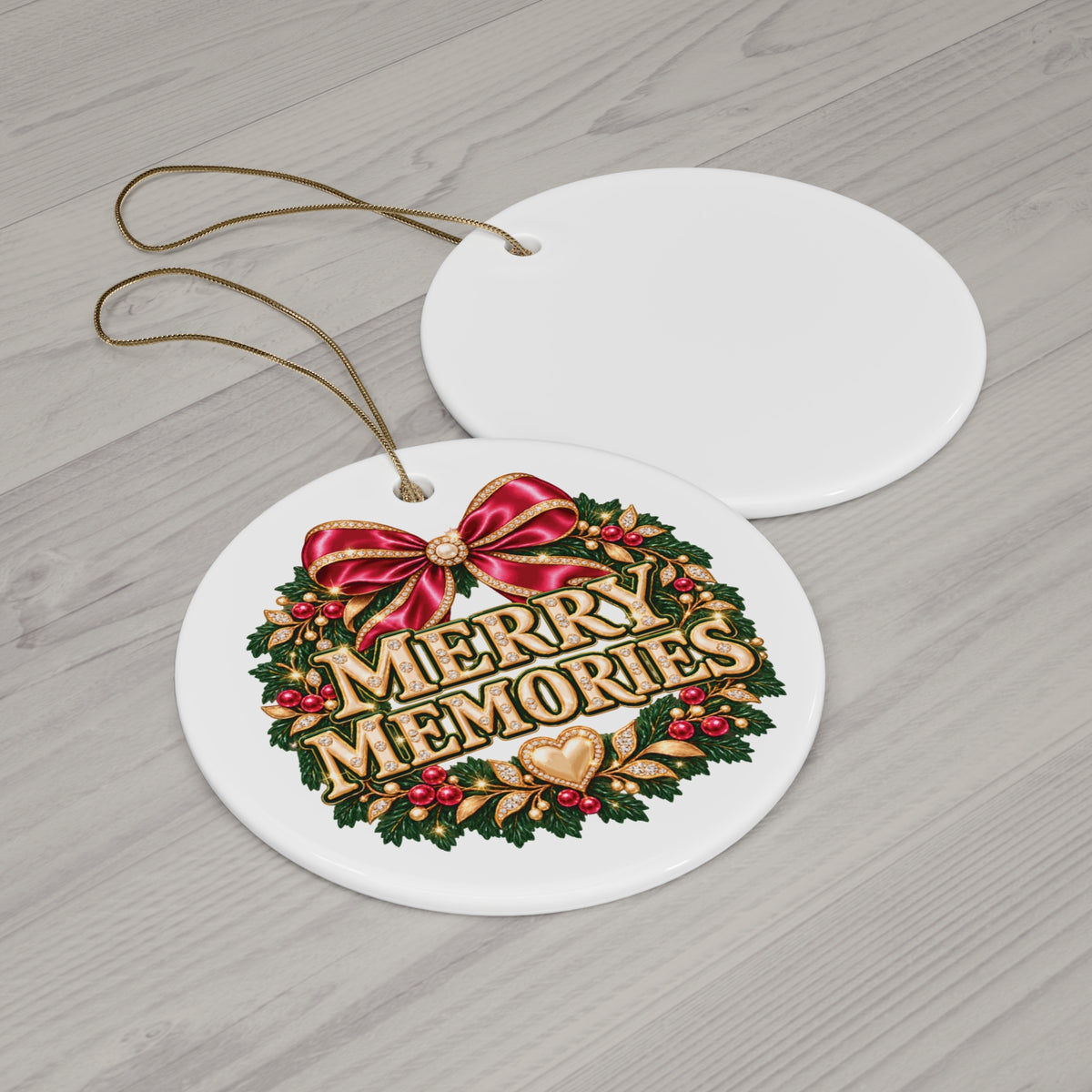 Merry Memories Christmas Ornament, Pink Bow Wreath, Round Ceramic Decoration