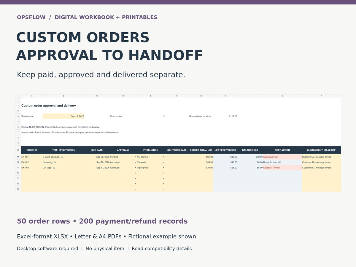 Custom Orders actual workbook with fictional examples preview