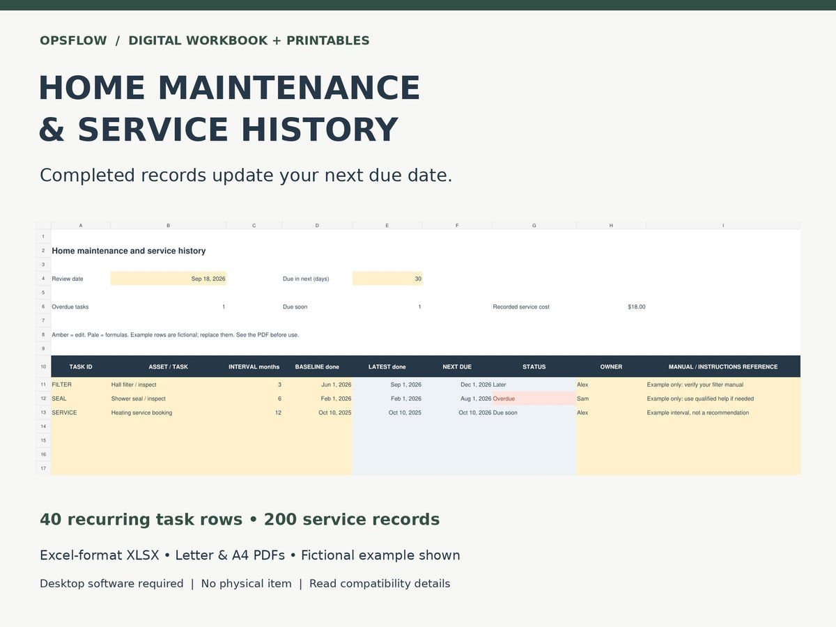 Home Maintenance actual workbook with fictional examples preview