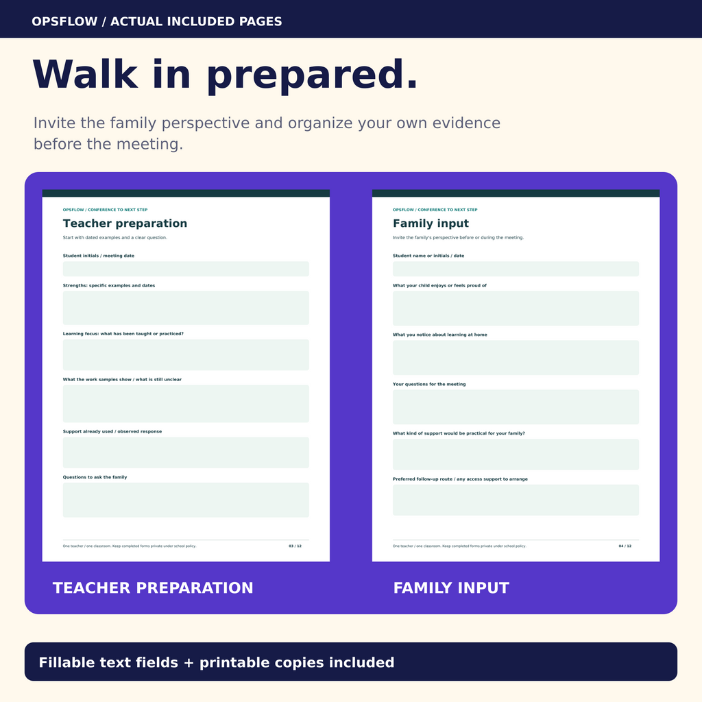 Conference preparation forms shown with fictional example entries.