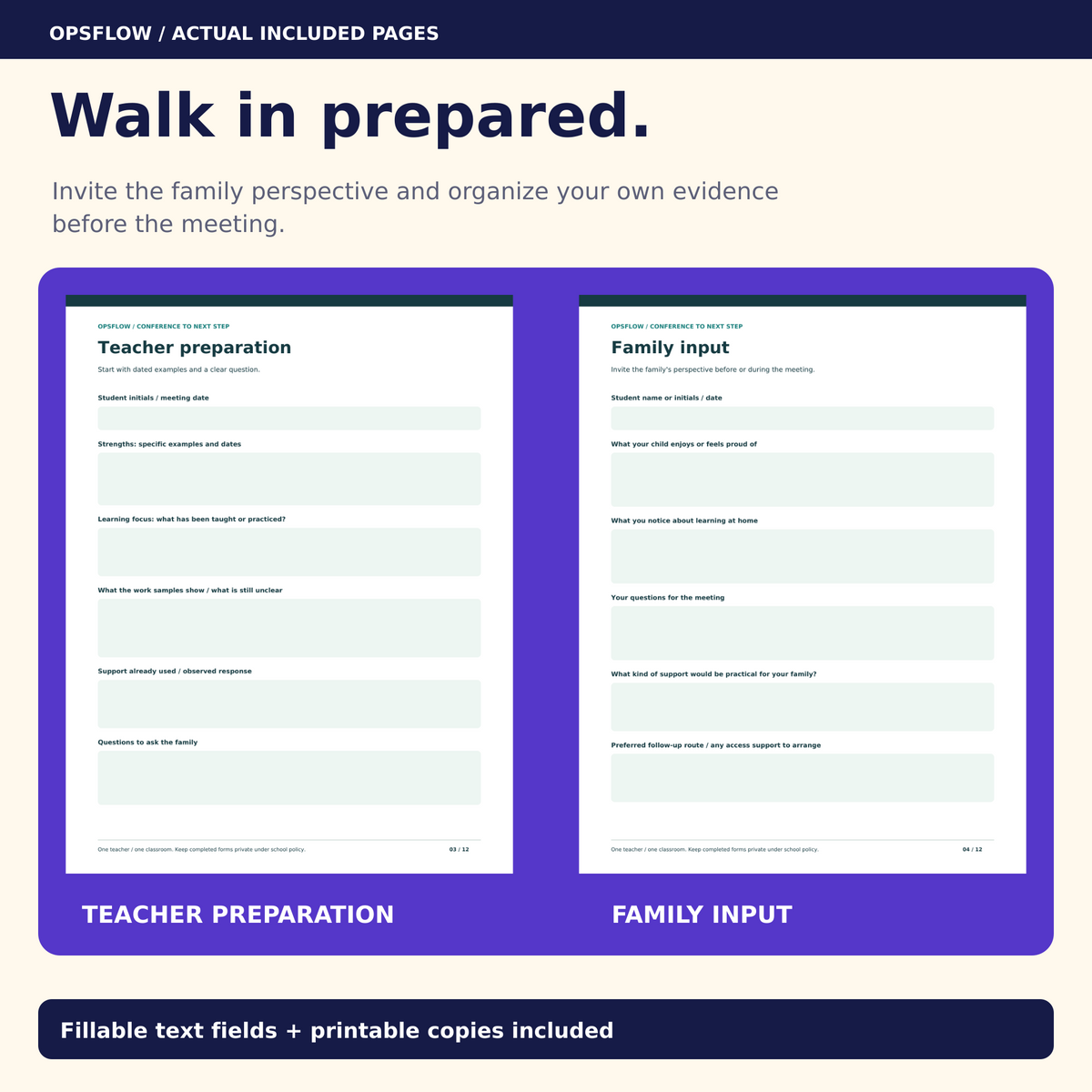 Conference preparation forms shown with fictional example entries.
