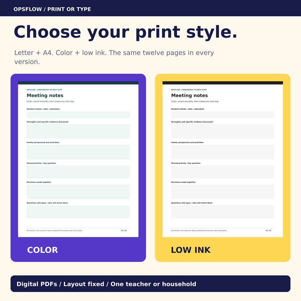 Four PDF editions: Letter and A4, color and low ink, with fillable fields.