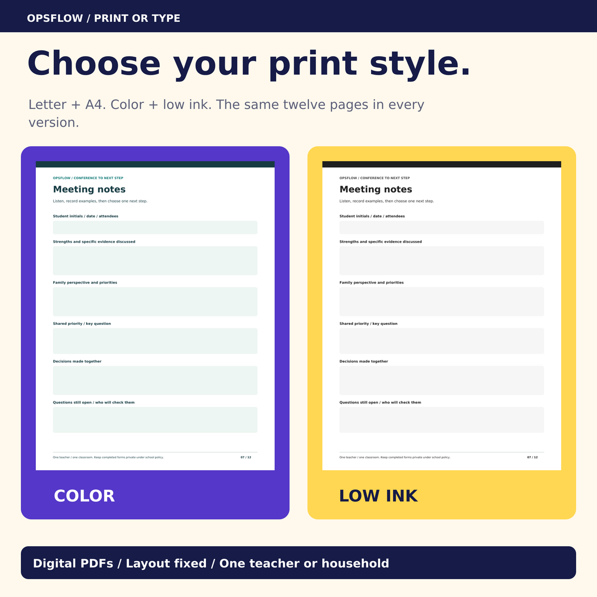 Four PDF editions: Letter and A4, color and low ink, with fillable fields.