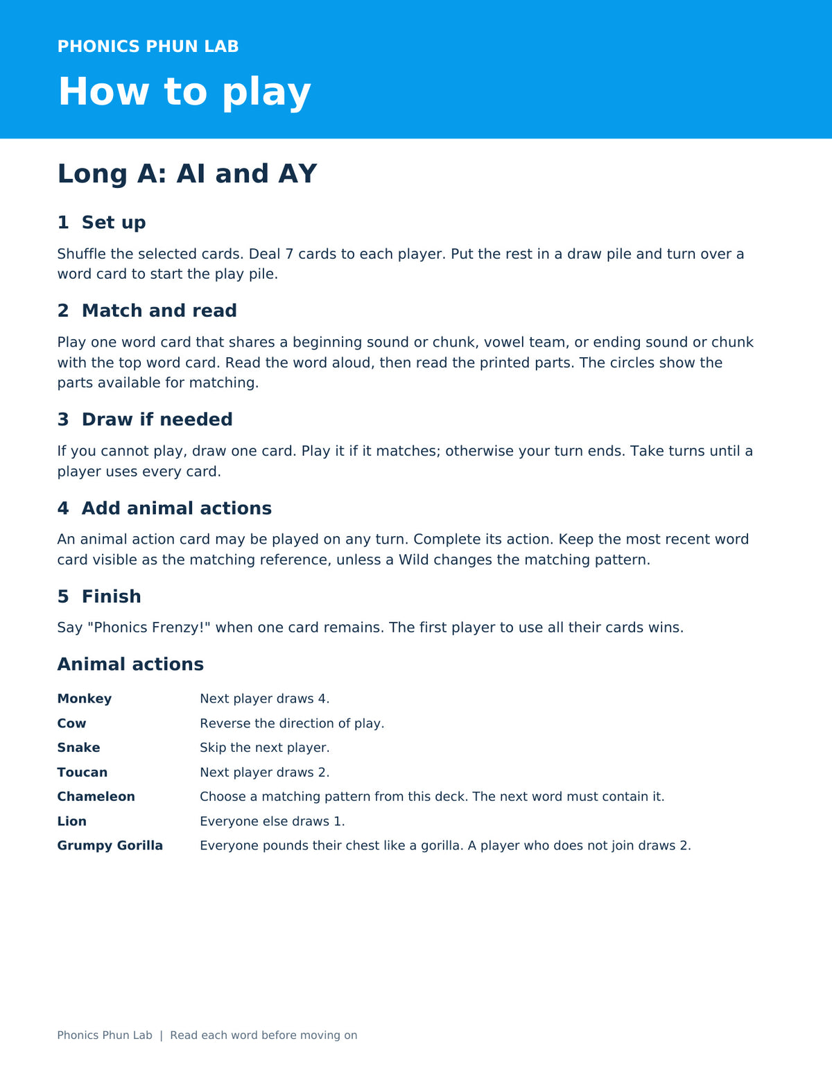 AI AY Directions — included Phonics Frenzy printable game preview