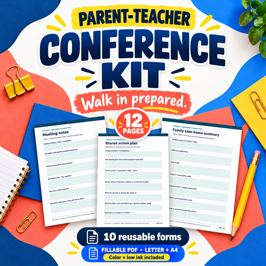 Parent Teacher Conference Kit: before, during and after a meeting, fillable Letter and A4 forms with a worked example.