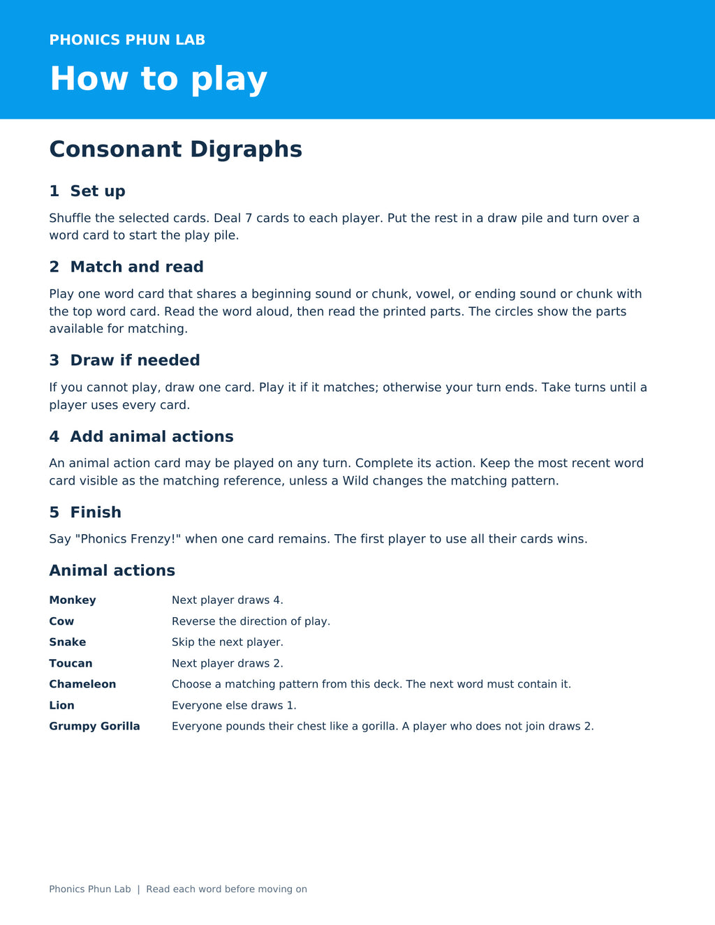 Digraphs Directions — included Phonics Frenzy printable game preview