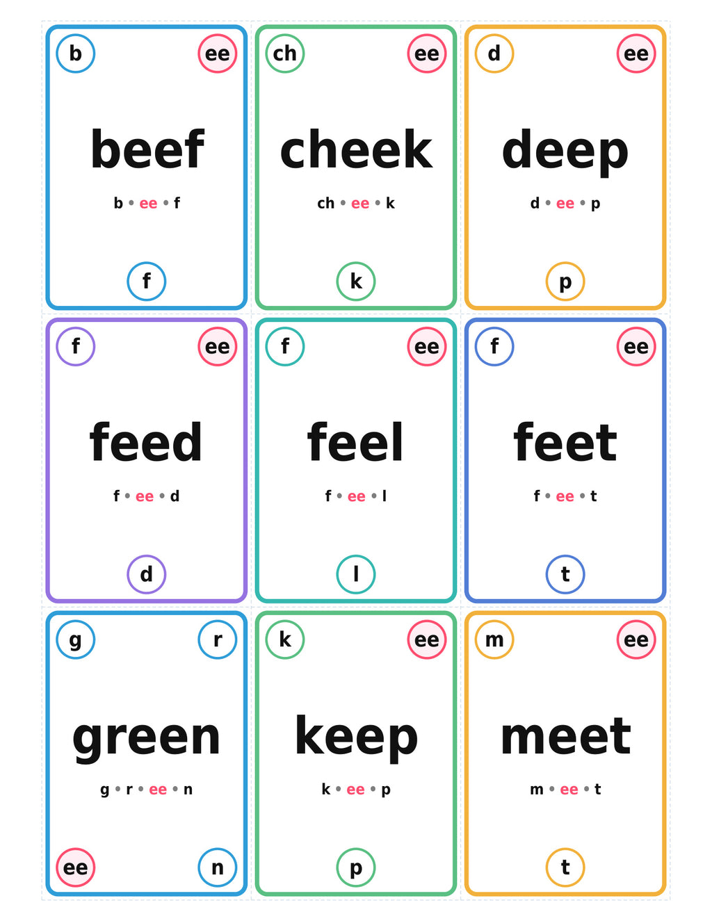 EE EA EY Word Cards — included Phonics Frenzy printable game preview