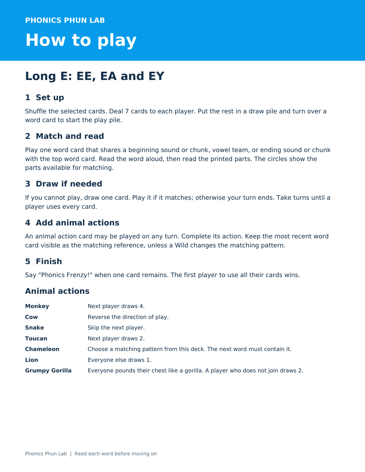 EE EA EY Directions — included Phonics Frenzy printable game preview