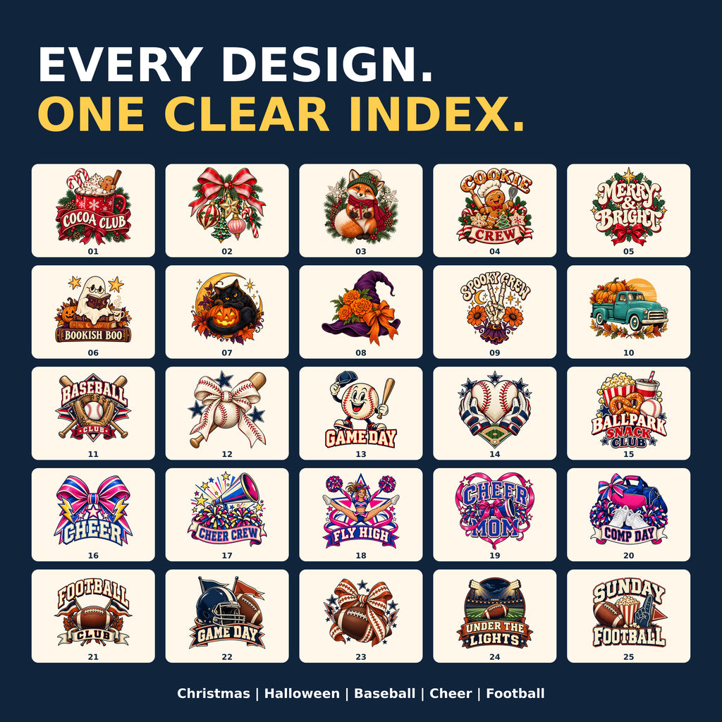 All 25 Designs — mixed seasonal and sports PNG collection preview