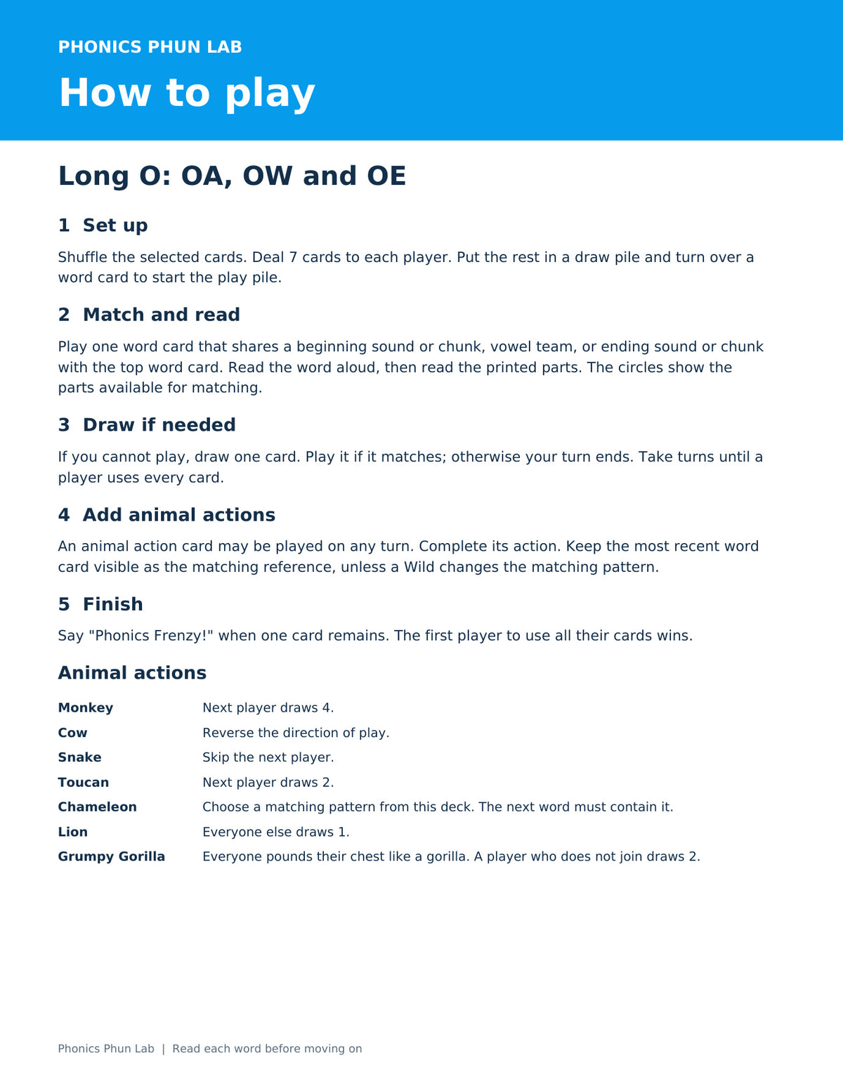 OA OW OE Directions — included Phonics Frenzy printable game preview