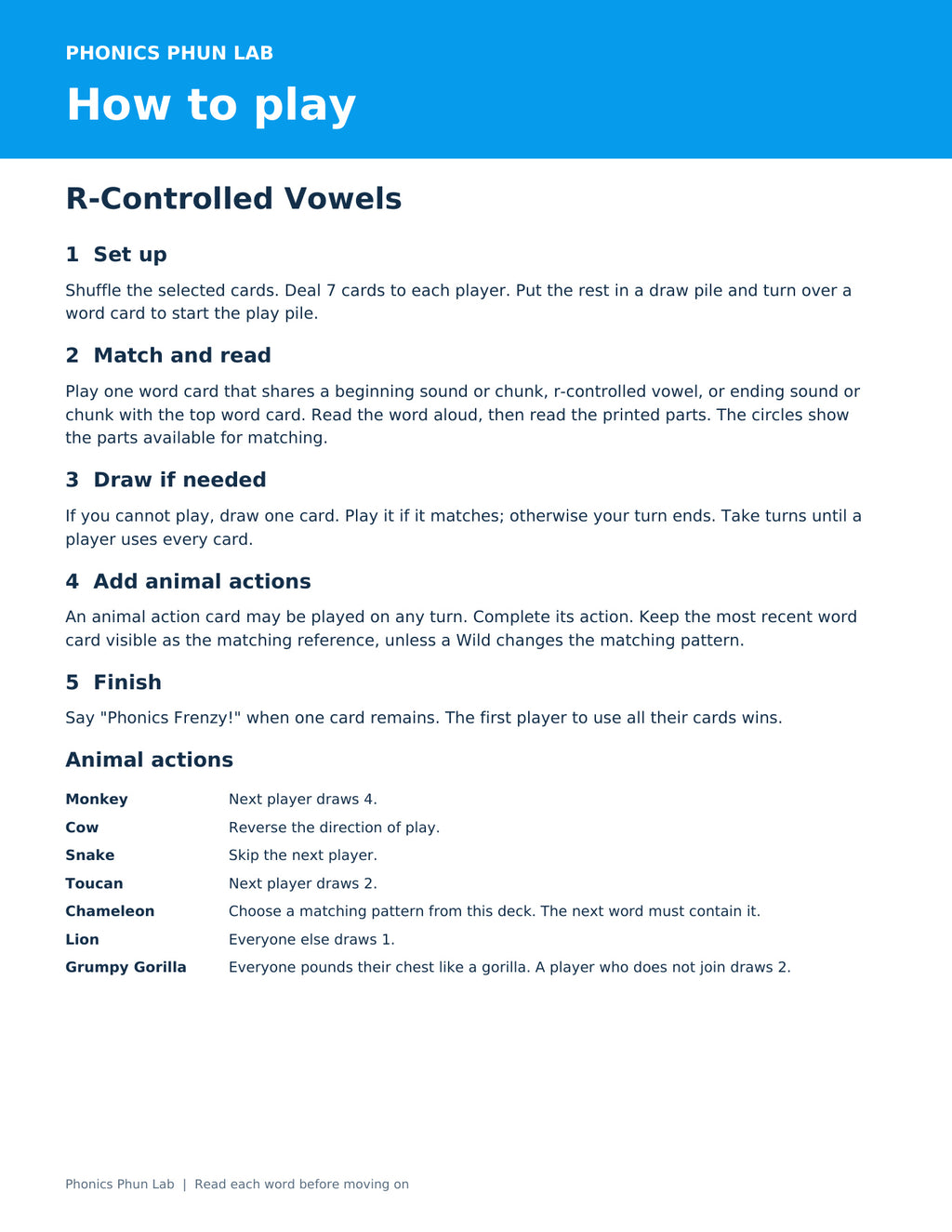 R Controlled Directions — included Phonics Frenzy printable game preview