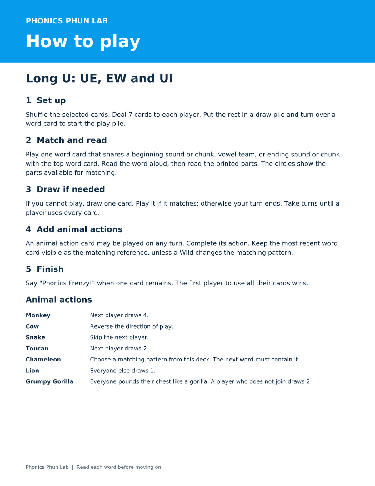 UE EW UI Directions — included Phonics Frenzy printable game preview