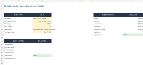 Birthday party planner spreadsheet dashboard with guest budget and timeline checks