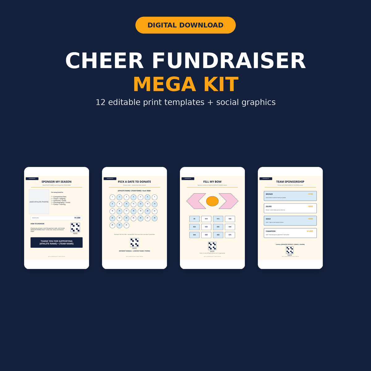 Cheer Fundraiser Mega Kit digital download with editable fundraiser templates