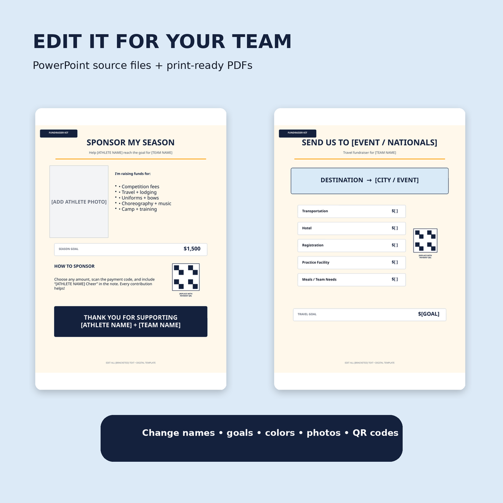 Editable cheer fundraiser PowerPoint templates with print-ready PDF versions